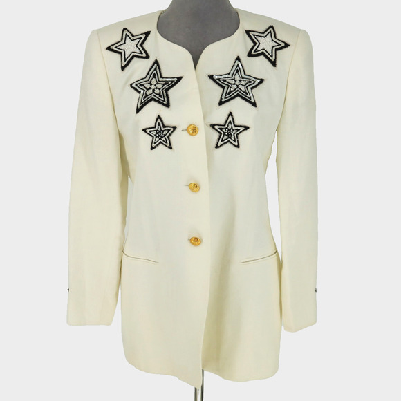 Escada Jacket Womens 38 EU 8 US White Linen Embroidered Beads Lined Vintage - Picture 1 of 16
